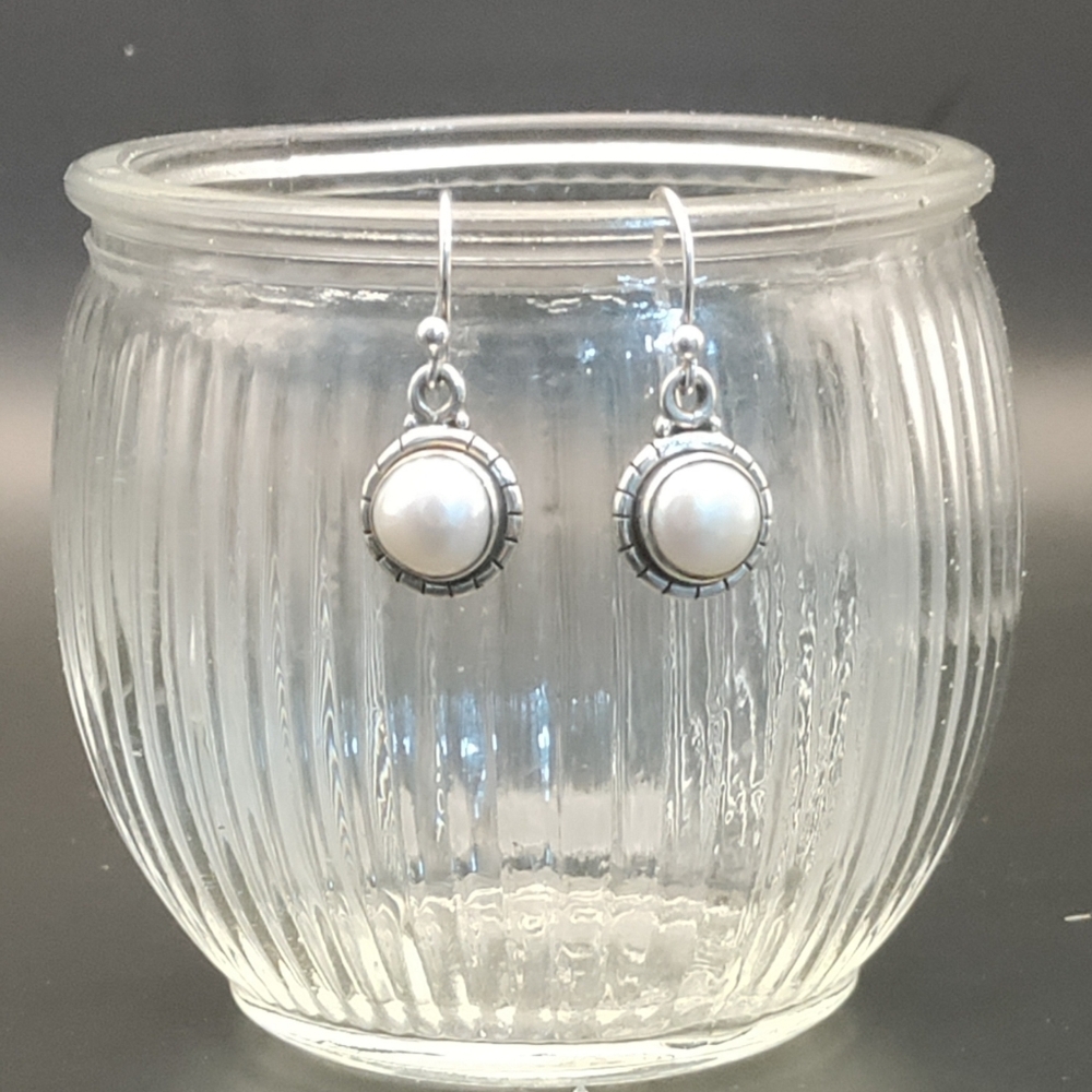 Classy, Distinctive, Vintage Mabe pearl, and Sterling Silver Earrings.